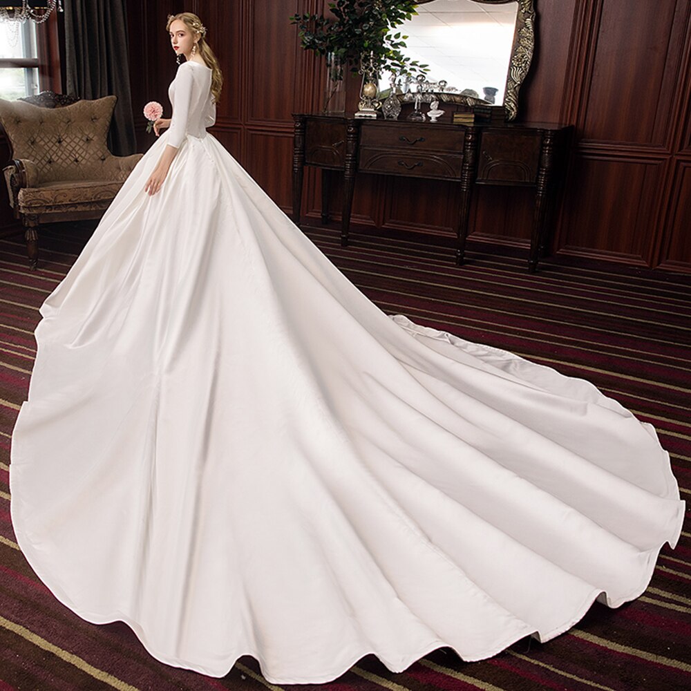 Best France Satin Ball Gown Wedding Dresses Three Quarter Sleeve  O-neck Zipper Up Simple Bridal Dress Gelinlik - LiveTrendsX