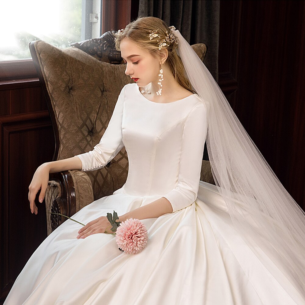 Best France Satin Ball Gown Wedding Dresses Three Quarter Sleeve  O-neck Zipper Up Simple Bridal Dress Gelinlik - LiveTrendsX