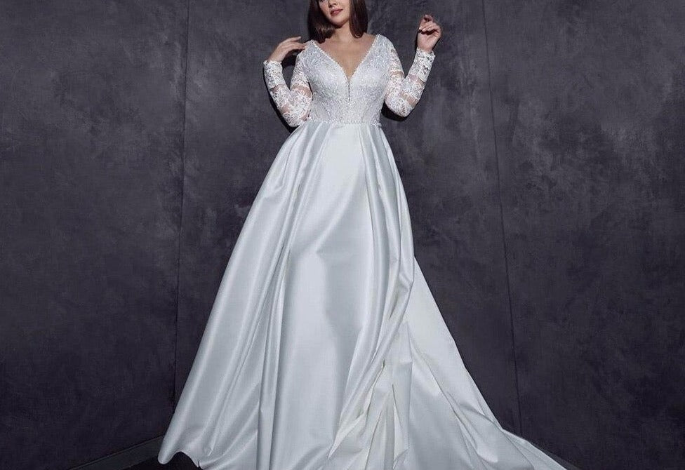 Best France Satin Wedding Gowns With Detachable Train Robe Mariage Beading V-neck Buttons Up Back Long Sleeve Wedding Dress - LiveTrendsX