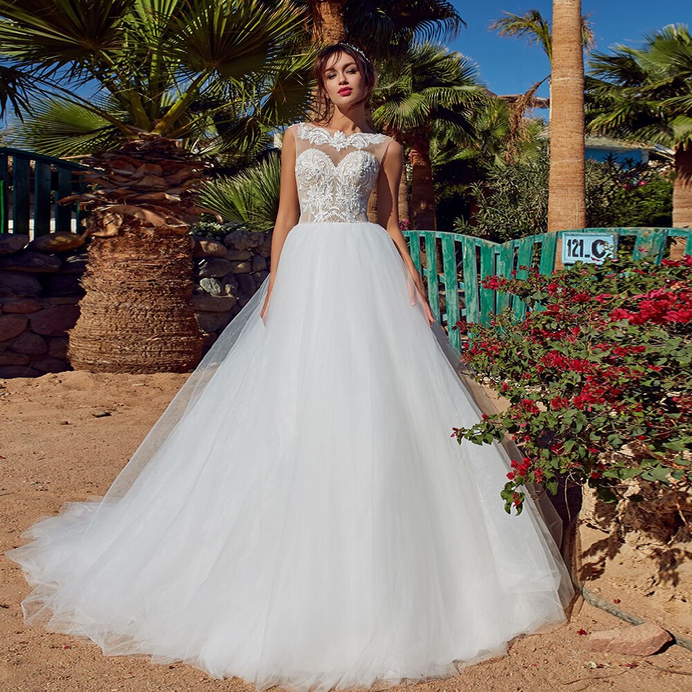 A-line Tulle Wedding Dresses Elegant Trouwjurk Beading Crystal Appliques Princess Bridal Gowns - LiveTrendsX