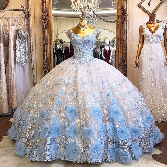 Light Sky Blue Ball Gown Quinceanera Dresses Beads 3D Flowers Off Shoulder Formal Prom Gowns Sweet 16 Dress - LiveTrendsX