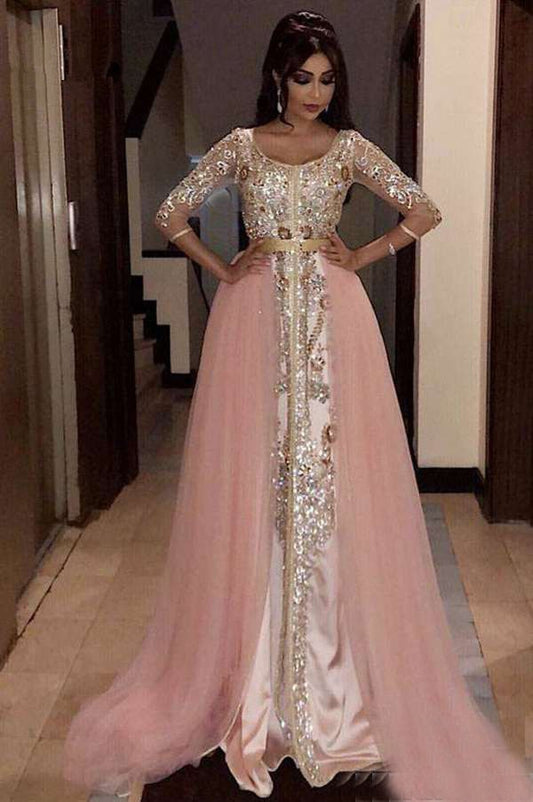 Pink Muslim Evening Dresses A-line 3/4 Sleeves Tulle Appliques Beaded Moroccan Kaftan Dubai Saudi Arabic Long Evening Gown - LiveTrendsX