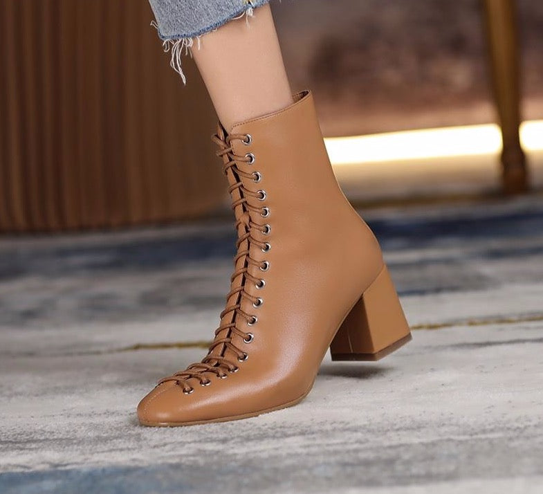 Fashion Woman Ankle Boots High Quality Genuine Leather Handmade Autumn Winter Boots Cross-Tied High Heels Boots Woman - LiveTrendsX