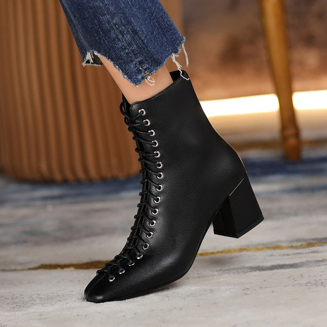 Fashion Woman Ankle Boots High Quality Genuine Leather Handmade Autumn Winter Boots Cross-Tied High Heels Boots Woman - LiveTrendsX