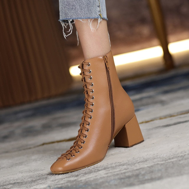 Fashion Woman Ankle Boots High Quality Genuine Leather Handmade Autumn Winter Boots Cross-Tied High Heels Boots Woman - LiveTrendsX