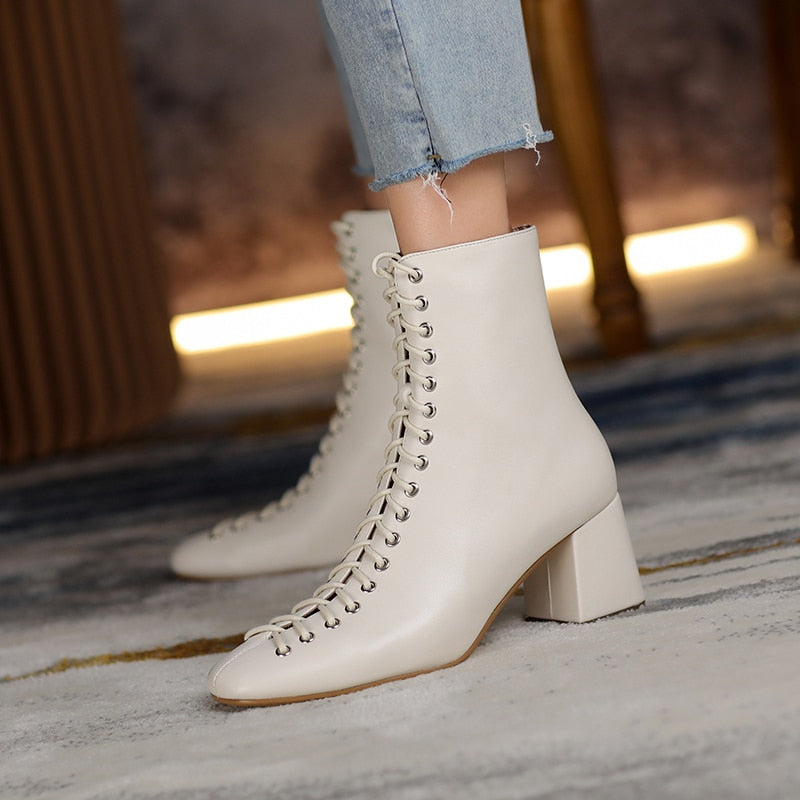 Fashion Woman Ankle Boots High Quality Genuine Leather Handmade Autumn Winter Boots Cross-Tied High Heels Boots Woman - LiveTrendsX