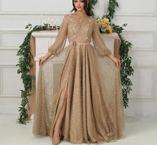 Long Sleeve Beaded Formal Evening Prom Party Gown Dress