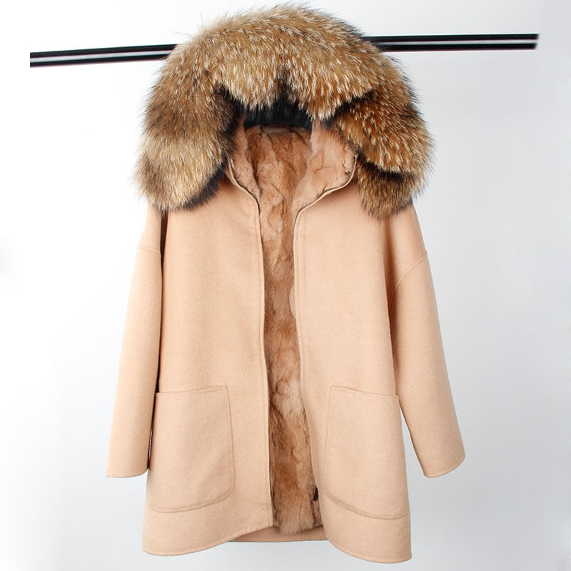 New Winter Parka Wool Cashmere Coat Women Fur Jacket Overcoat Collar Hooded Rex Rabbit Fur liner Top Quality - LiveTrendsX