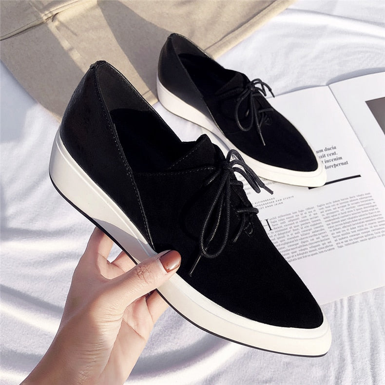 Flat Laces Platform Loafers Pointed Toe For Woman