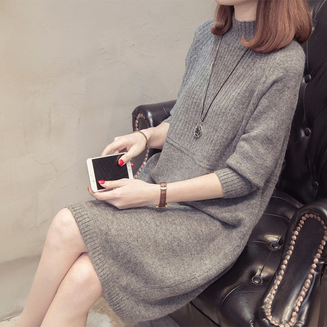 Turtleneck Sweater Dress Women Fashion Autumn Winter Knitted Pullovers Sweaters Long Sleeve Jumper Pull Femme - LiveTrendsX