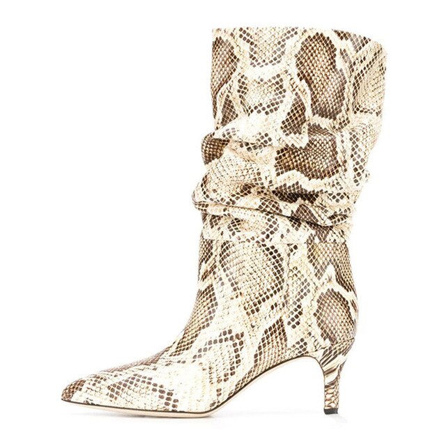 Women Snakeskin Print Pleated Stiletto Les Bottes Basses Punk Girl Pointed Toe Slip On Patchwork Sexy Motorcycle Boots - LiveTrendsX