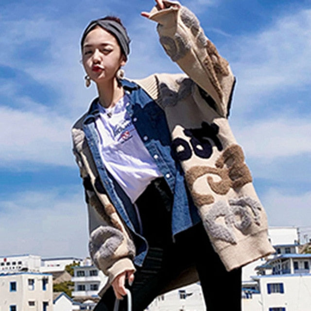 Casual Oversize Letter Print Cardigan Sweater Female Fashion Thick Warm Korean Knitted Coat Outwear Knitwear 2020 Winter Jersey - LiveTrendsX