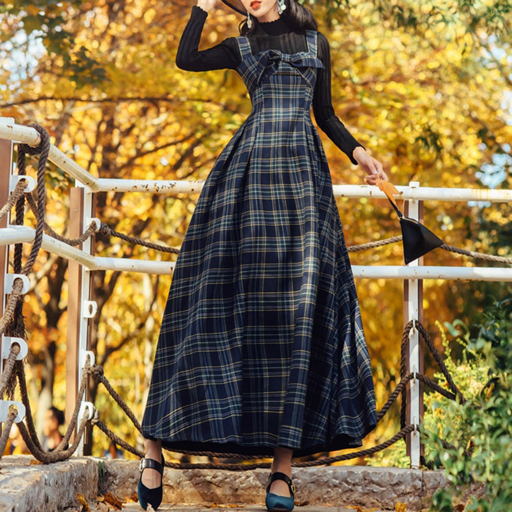 Eleagnt Korean Two Piece Sets Autumn Long Sleeve Basic Solid Pullovers Tops and Plaid Bow Ankle-Length Long Dresses Blue Suits - LiveTrendsX