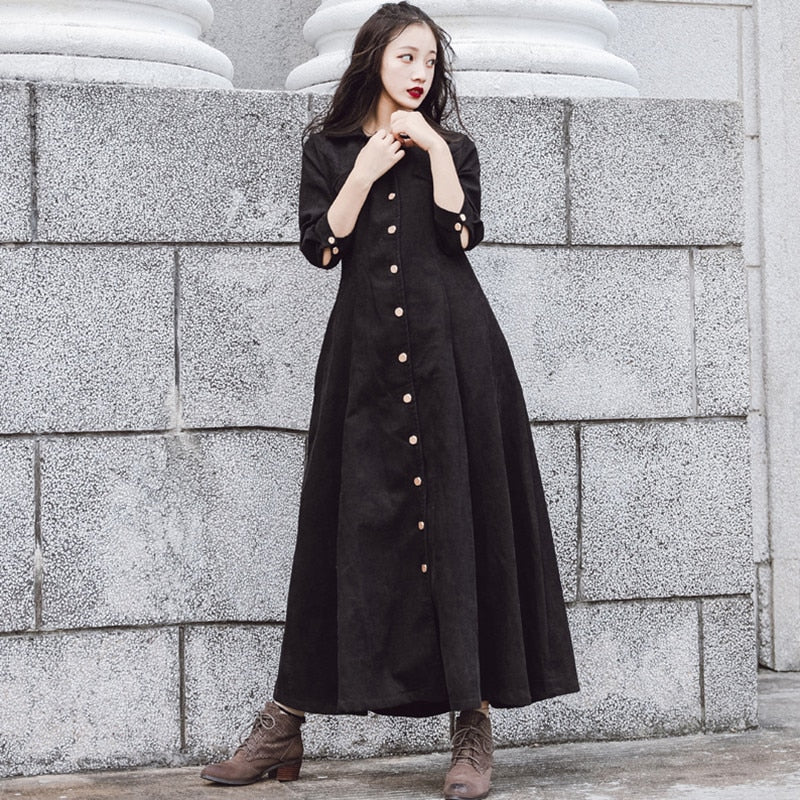 Vintage Autumn Winter Long Maxi Dress Women Elegant Ladies Turn-down Collar Single-breasted Corduroy Shirt Dresses Long Sleeve - LiveTrendsX