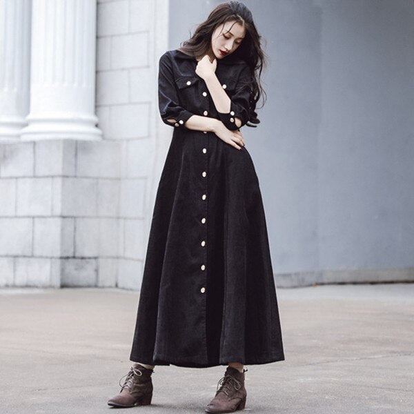 Vintage Autumn Winter Long Maxi Dress Women Elegant Ladies Turn-down Collar Single-breasted Corduroy Shirt Dresses Long Sleeve - LiveTrendsX