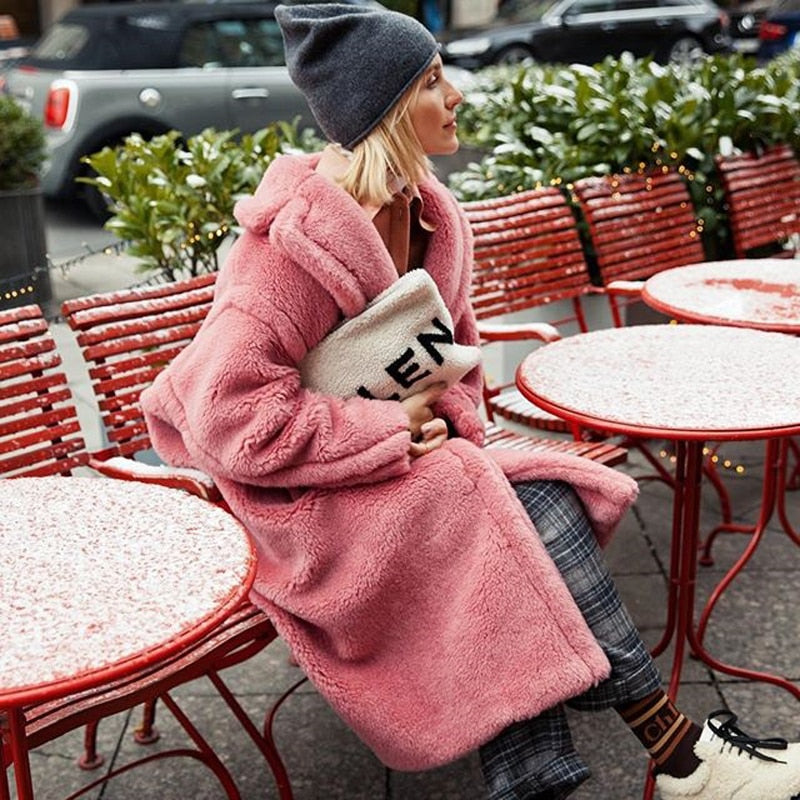 Pink Long Teddy Bear Jacket Coat Women Winter Thick Warm