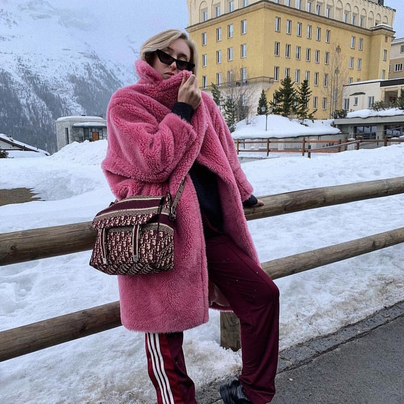 Pink Long Teddy Bear Jacket Coat Women Winter Thick Warm