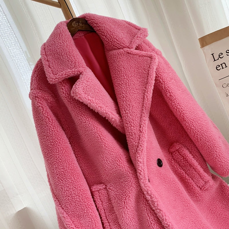 Pink Long Teddy Bear Jacket Coat Women Winter Thick Warm