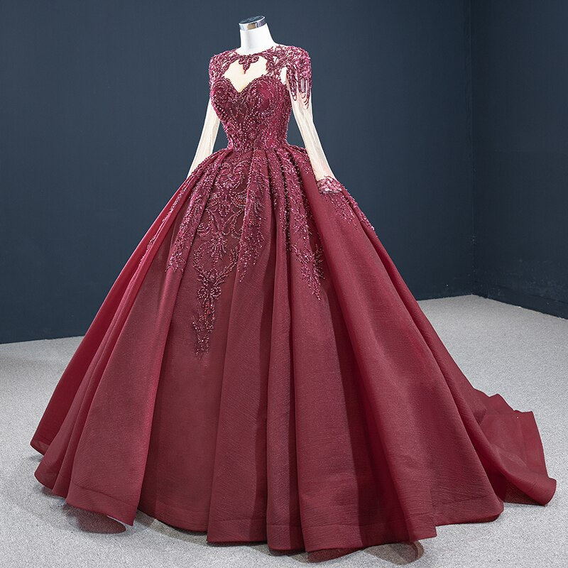 Charming And Noble Red Evening Dress  Sequined Appliques Lace Up Back Beading Sweetheart Long Sleeve - LiveTrendsX