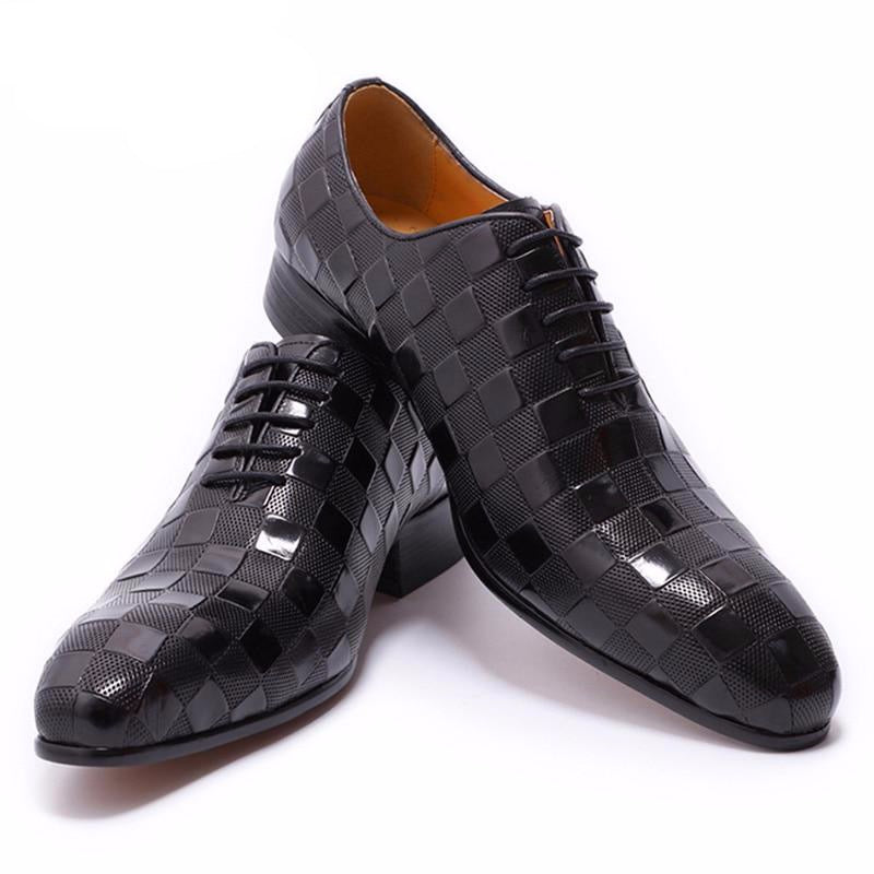 LEATHER SHOES MEN NEW FASHION PLAID PRINTS LACE UP BLACK BROWN WEDDING OFFICE SHOES - LiveTrendsX