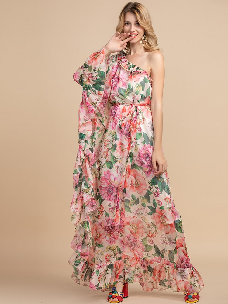 Summer Holiday Party Boho Maxi Dress Women's Off shoulder Chiffon Floral Print Ruffles Loose Elegant Long Dress - LiveTrendsX