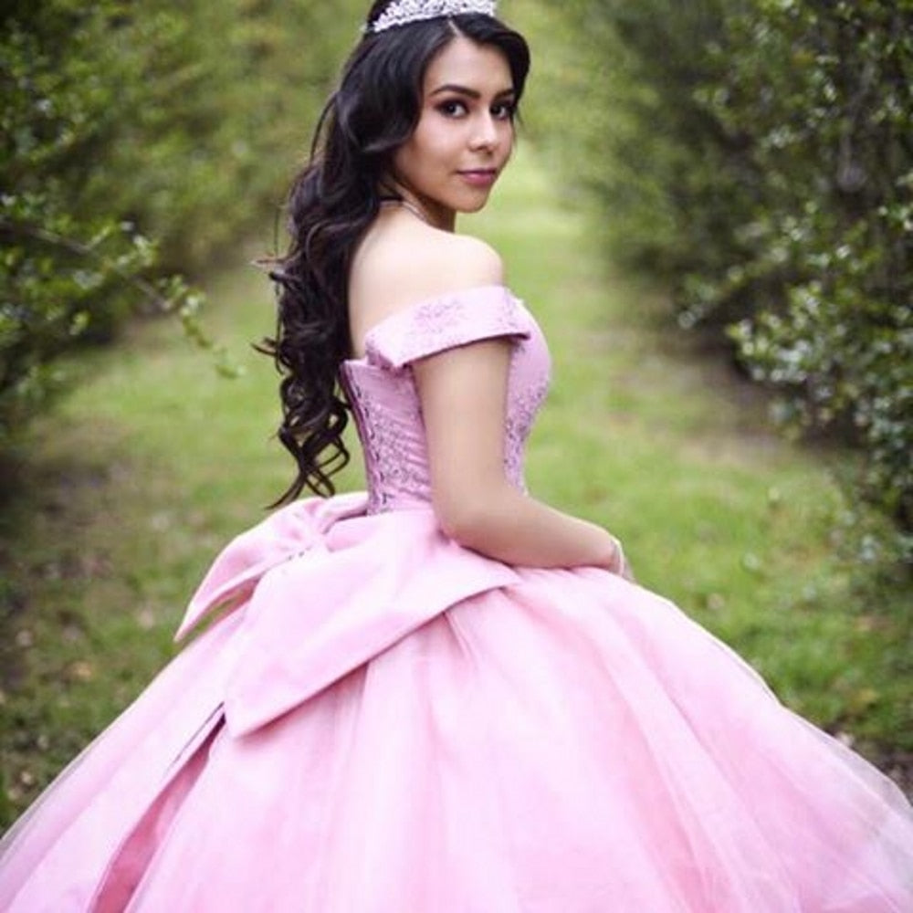 Sweet 16 Pink Quinceanera Dresses Off Shoulder Ruched Ball Gown Sweet 15 Dress Prom Gowns - LiveTrendsX