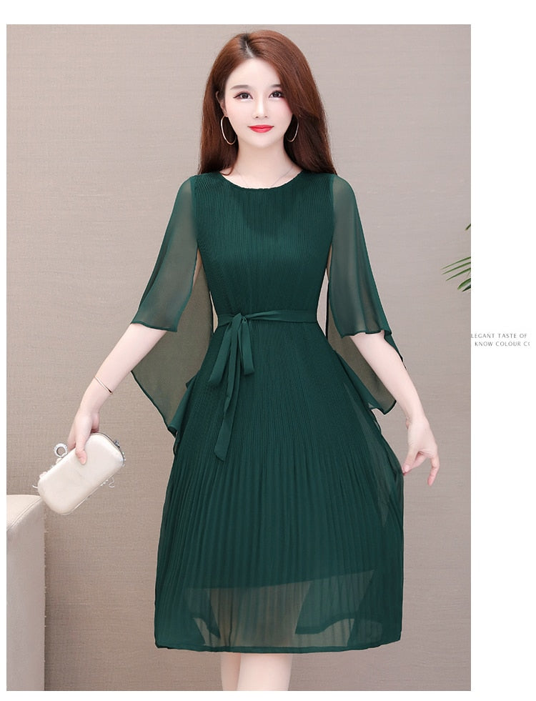 Womens Dresses New Arrival  Casual Round Collar soild Color Butterfly Sleeve Chiffon Dress elegant Loose Large Size dresses - LiveTrendsX