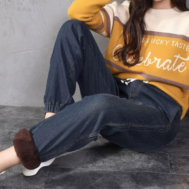 Women Autumn Winter Lace Up Warm Jeans