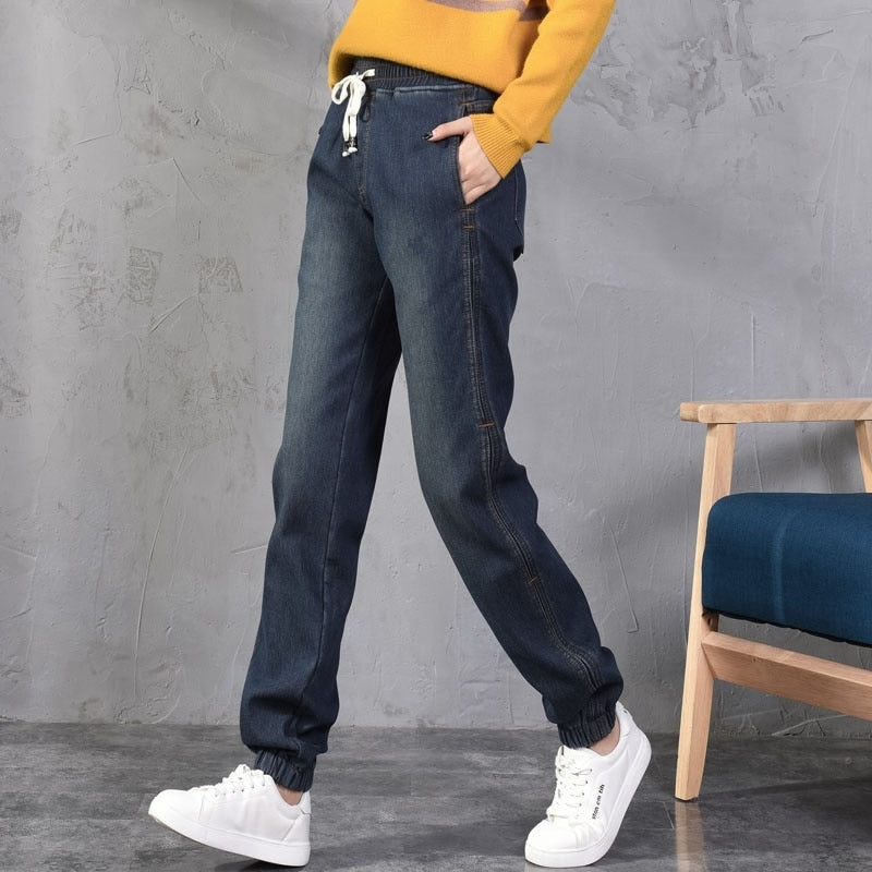 Women Autumn Winter Lace Up Warm Jeans