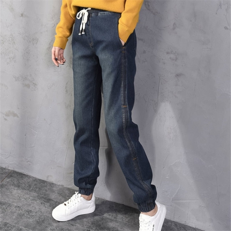 Women Autumn Winter Lace Up Warm Jeans