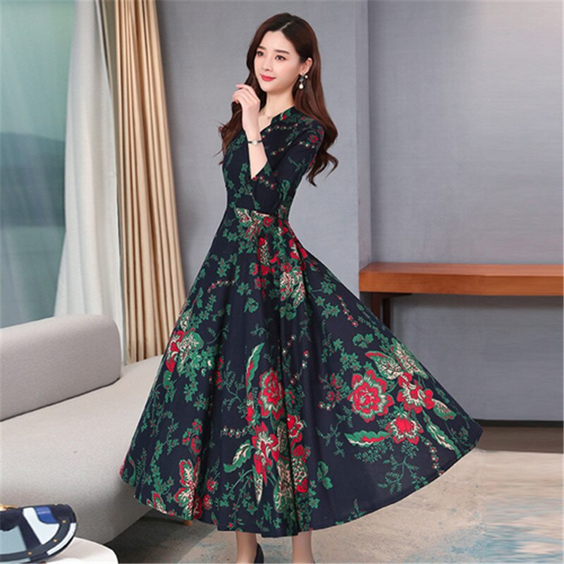 Long-sleeved dress female  spring new fashion temperament new V-neck print waist was thin and big swing long dress - LiveTrendsX