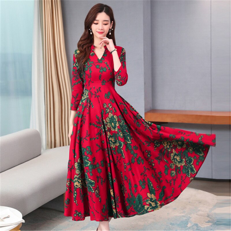 Long-sleeved dress female  spring new fashion temperament new V-neck print waist was thin and big swing long dress - LiveTrendsX