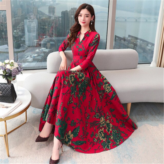 Long-sleeved dress female  spring new fashion temperament new V-neck print waist was thin and big swing long dress - LiveTrendsX