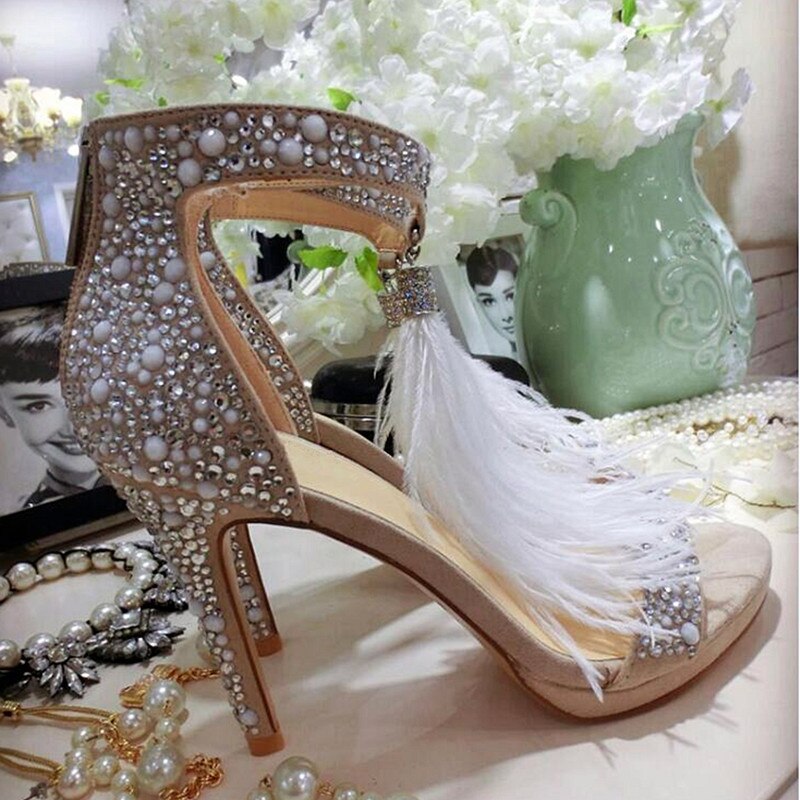 Crystal Embellished White High Heels Sandals - LiveTrendsX