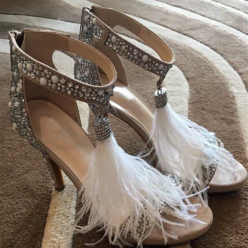 Crystal Embellished White High Heels Sandals - LiveTrendsX