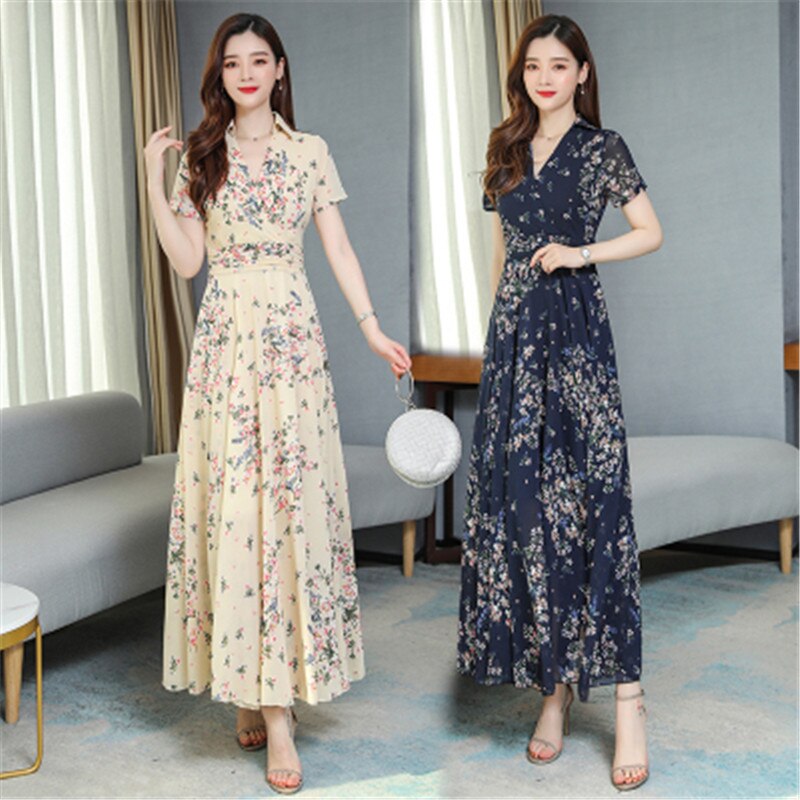 summer new fashion temperament romantic floral long V-neck short sleeve chiffon elegant big swing dress - LiveTrendsX