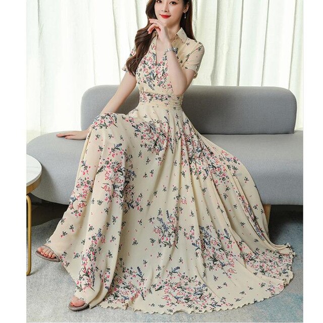 summer new fashion temperament romantic floral long V-neck short sleeve chiffon elegant big swing dress - LiveTrendsX