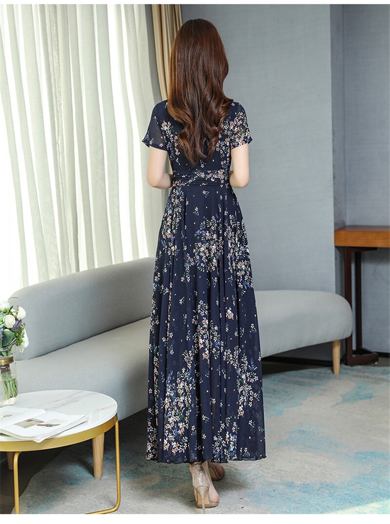 summer new fashion temperament romantic floral long V-neck short sleeve chiffon elegant big swing dress - LiveTrendsX