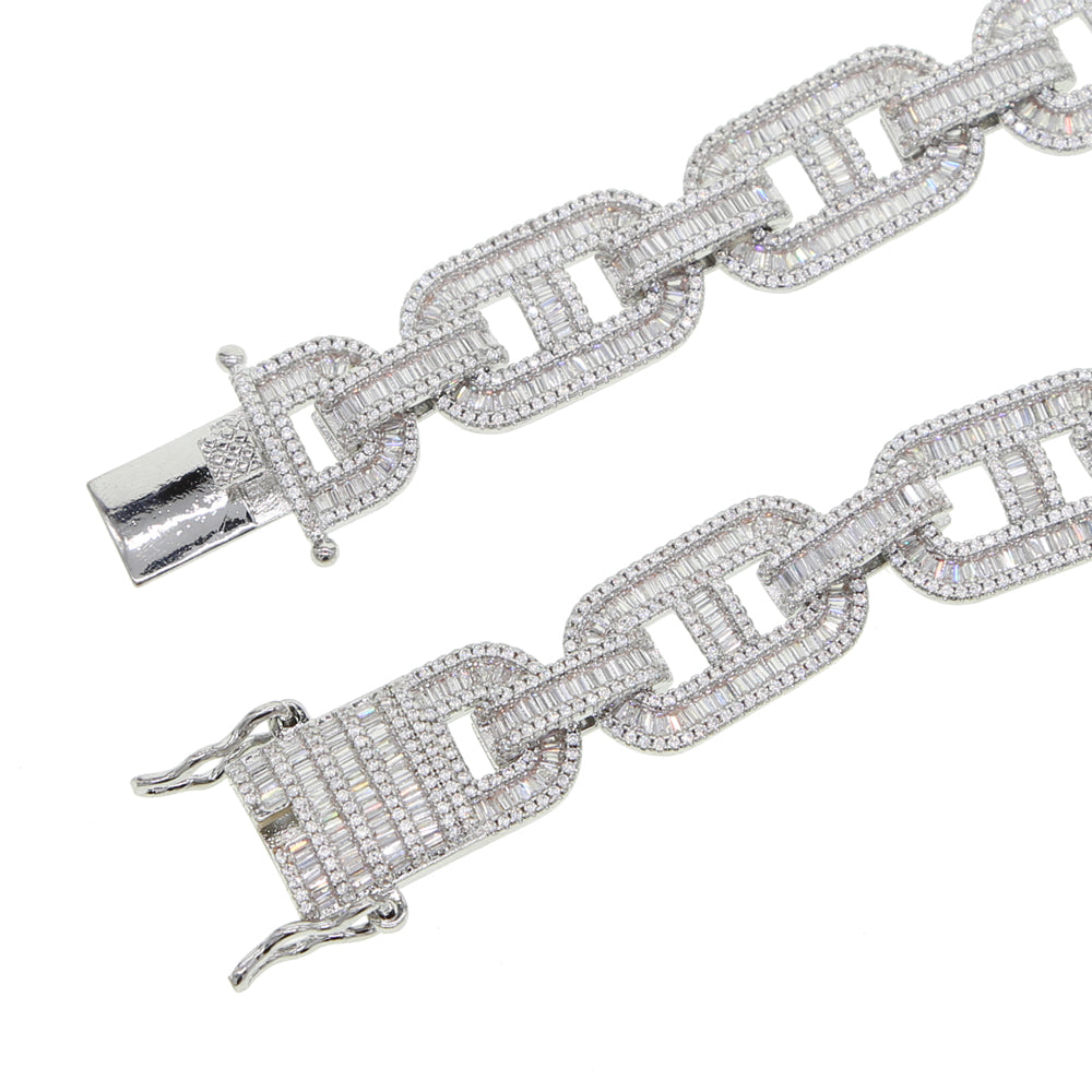 5A Baguette CZ Cuban Necklace Silver Gold Lock Pin Link Chain