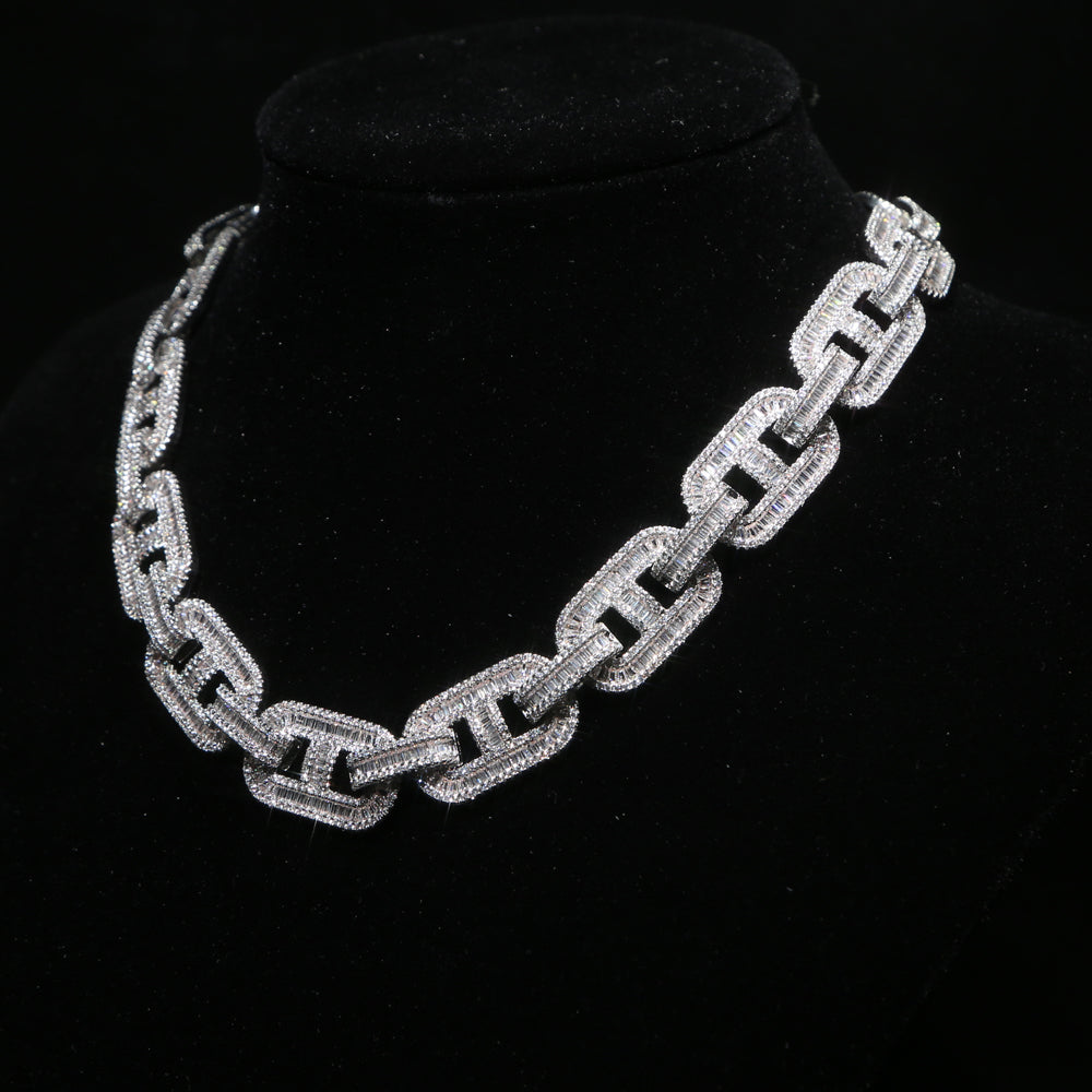 5A Baguette CZ Cuban Necklace Silver Gold Lock Pin Link Chain