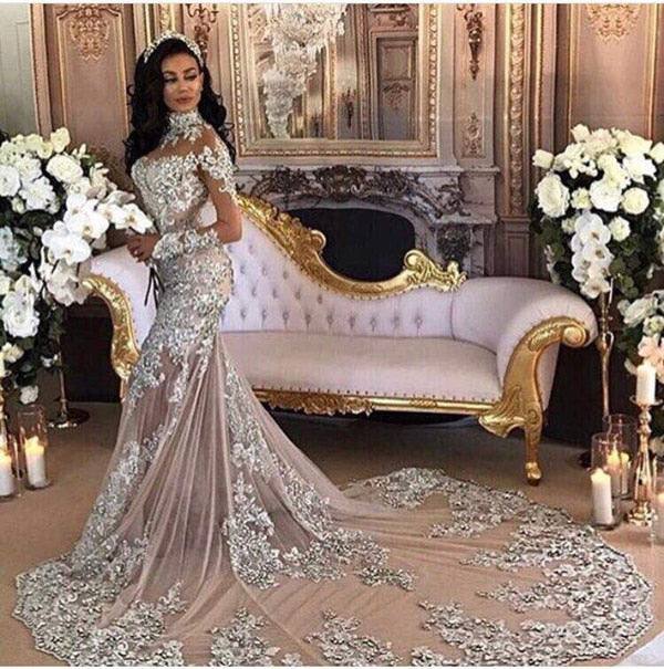 Long Sleeves Luxury Beading Formal Evening Dresses Mermaid Party Dubai Women Lace Crystals Prom Evening Gowns - LiveTrendsX