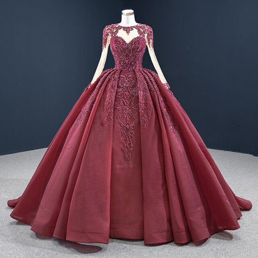 Charming And Noble Red Evening Dress  Sequined Appliques Lace Up Back Beading Sweetheart Long Sleeve - LiveTrendsX