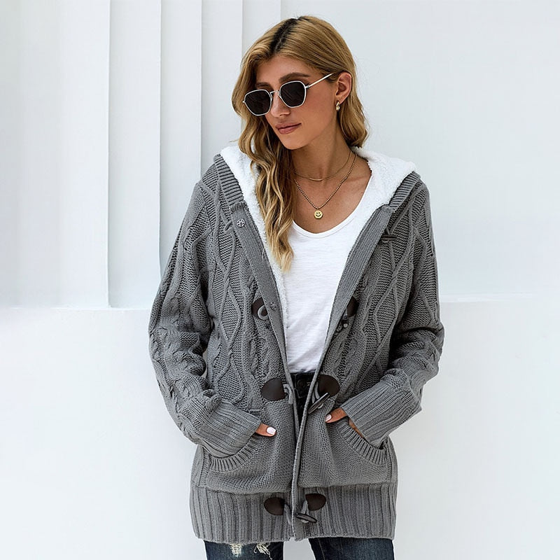 Cardigan Women Acrylic Fleece Warm New Fashion T-shirt Winter Jacket Long Sleeve Plus Plush Knitting Hoodie - LiveTrendsX