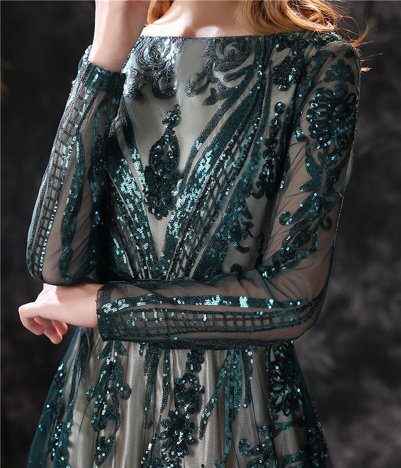 New A-line Long Sleeves Illusion Lace-up Sweep Train Boat Neck Luxury Evening Dress - LiveTrendsX