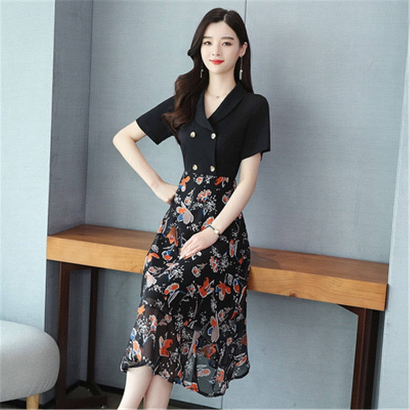 Floral chiffon dress summer new short-sleeved temperament fashion double-breasted black stitching A-line dress - LiveTrendsX