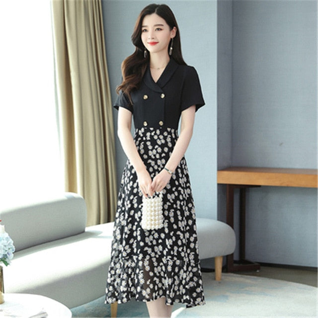 Floral chiffon dress summer new short-sleeved temperament fashion double-breasted black stitching A-line dress - LiveTrendsX