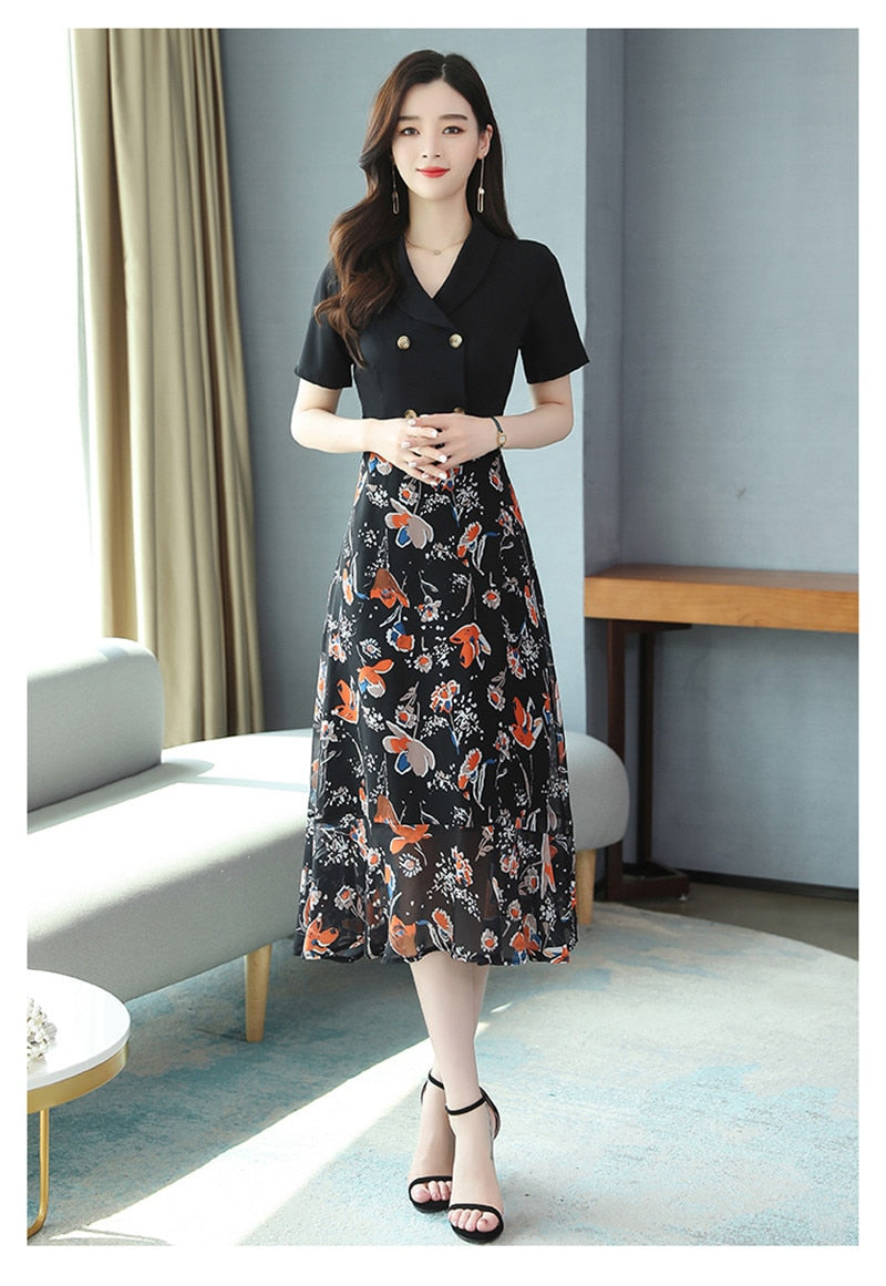 Floral chiffon dress summer new short-sleeved temperament fashion double-breasted black stitching A-line dress - LiveTrendsX