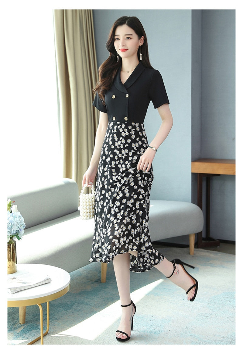 Floral chiffon dress summer new short-sleeved temperament fashion double-breasted black stitching A-line dress - LiveTrendsX