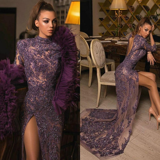 Luxury Beading Transparent Prom Dresses High Split Tulle Backless Evening Gowns Long Sleeves Sequined Celebrity Dress with Wrap - LiveTrendsX