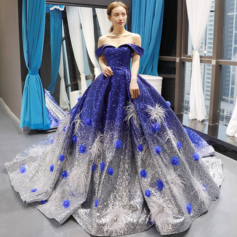 Blue Dress Quinceanera  Sweetheart Off The Shoulder Short Sleeve Appliques Flowers - LiveTrendsX